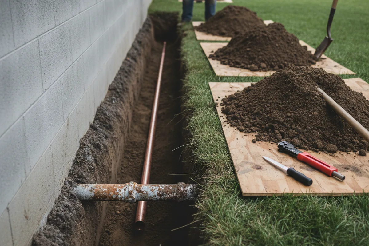 Excavated water line trench during Sewer Line Repair in Donnelly